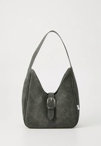 Hobo bag in dark gray faux leather with a buckle accent. Features a curved shape and a single shoulder strap for easy carrying.