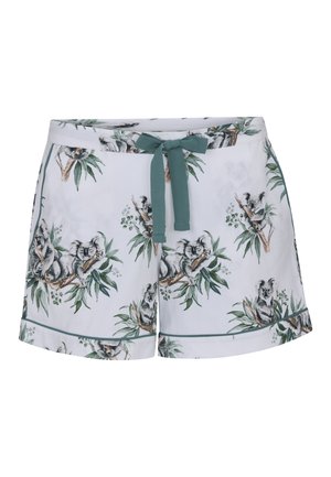Shorts blancs avec cordon de serrage vert, imprimés de koalas assis sur des branches et feuilles d'eucalyptus.