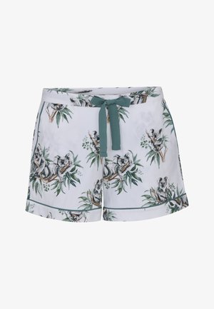 Shorts blancs avec cordon de serrage vert, imprimés de koalas assis sur des branches et feuilles d'eucalyptus.