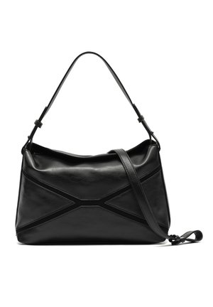 Black leather shoulder bag with adjustable strap and geometric stitched details on front, shown against a plain white background.