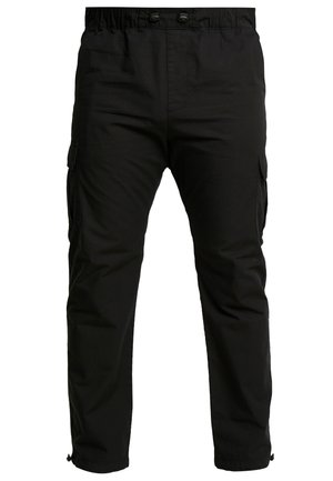 Pantalones cargo negros hechos de tela tejida, con bolsillos laterales, una cinturilla elástica y puños ajustables. Diseño simple y funcional.