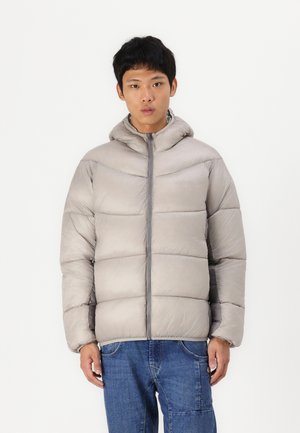 Light gray puffer jacket with a hood, featuring quilted sections and a front zipper. The fabric appears shiny with a smooth texture.