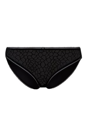 Črn čipkast bikini z teksturiranim, abstraktnim vzorcem; ima gladek pas in kontrastne robove; zagotavlja polno pokritost in udobje.