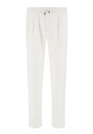 Pantalones casuales blancos con cintura elástica y cierre de cordón, piernas rectas y bolsillos laterales.