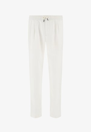 Pantalon décontracté blanc avec taille élastique et cordon de serrage, jambes droites et poches latérales.