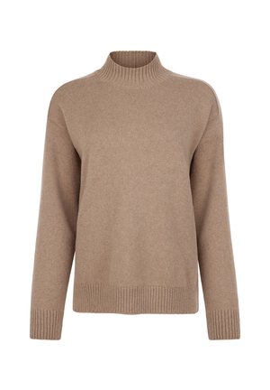 Beige rullekravesweater lavet af blødt materiale, har en ribstrikket halsudskæring og manchetter, med en afslappet pasform og glat tekstur.