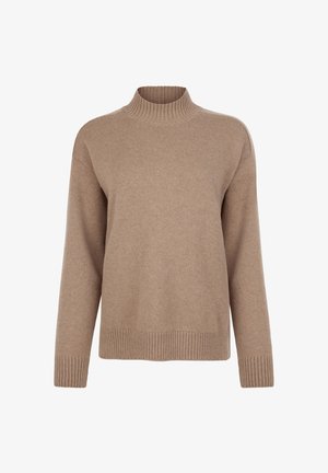 Beżowy sweter z golfem, wykonany z miękkiego materiału, z prążkowanym kołnierzem i mankietami, o luźnym kroju i gładkiej fakturze.