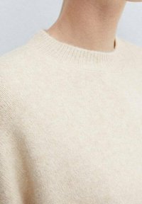 Pull beige à col rond, fabriqué en tissu tricoté doux avec une texture lisse. Caractérisé par un col côtelé et un motif fin et discret en tricot.