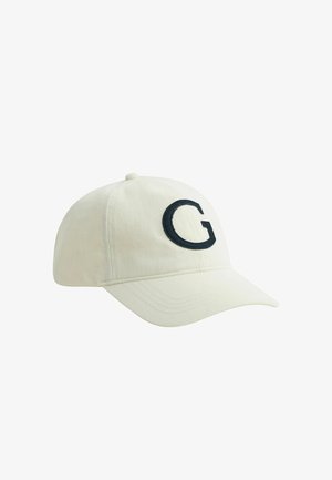 Weißes Baseballcap mit einem schwarzen, gestickten Buchstaben "G" auf der Vorderseite, ausgestattet mit einem gebogenen Schirm und einem Knopf oben.