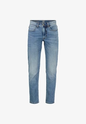 Hellblaue Jeans aus Denim mit schmaler Passform, ausgestattet mit fünf Taschen, einem Knopfverschluss und subtilen Verwaschungen. Glatte Textur und klassisches Design.