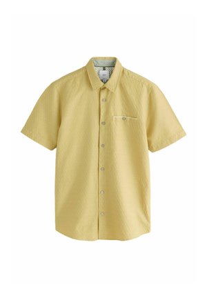 Gelbes kurzärmeliges Hemd mit Knöpfen, einer einzelnen Brusttasche, klassischem Kragen und einem dezenten strukturierten Stoffmuster.