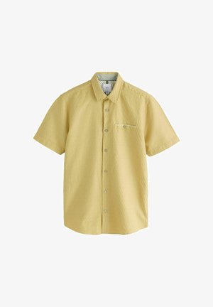 Short-sleeve yellow button-up shirt with a single chest pocket, classic collar, and a subtle textured fabric pattern.