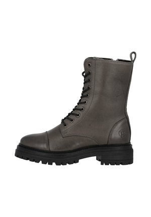 Grijze leren veterschoen met een ronde neus, robuuste zool en gestikte details. Voorzien van een lus aan de achterkant voor een gemakkelijke instap.