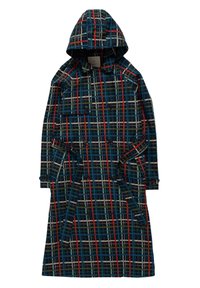 Cappotto lungo a quadri con una base blu e motivi a griglia rossi, verdi e crema, dotato di cappuccio, bottoni doppi e tasche laterali.