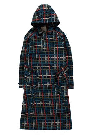Long plaid coat featuring a blue base with red, green, and cream grid patterns, a hood, double-breasted buttons, and side pockets.