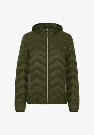 Olivgrön vadderad jacka med huva, med ett chevronmönster, två sidofickor med dragkedja och en dragkedjeförslutning framtill. Lätt material.
