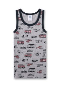Gray tank top with a pattern of various vehicles, including fire trucks, police cars, and helicopters, outlined in black and red.
