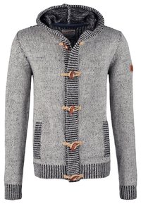 Cardigan grigio lavorato a maglia con cappuccio, dotato di chiusure in legno a pulsante, tasche laterali e bordi con motivo a righe. Tessuto testurizzato.