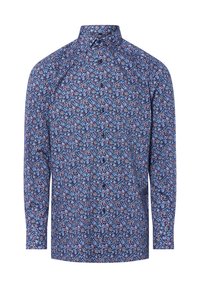 Koszula z długim rękawem w kwiatowy wzór, z granatowym tłem i różowymi oraz niebieskimi kwiatami, z kołnierzykiem zapinanym na guziki oraz standardowym krojem.