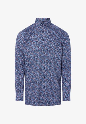 Koszula z długim rękawem w kwiatowy wzór, z granatowym tłem i różowymi oraz niebieskimi kwiatami, z kołnierzykiem zapinanym na guziki oraz standardowym krojem.