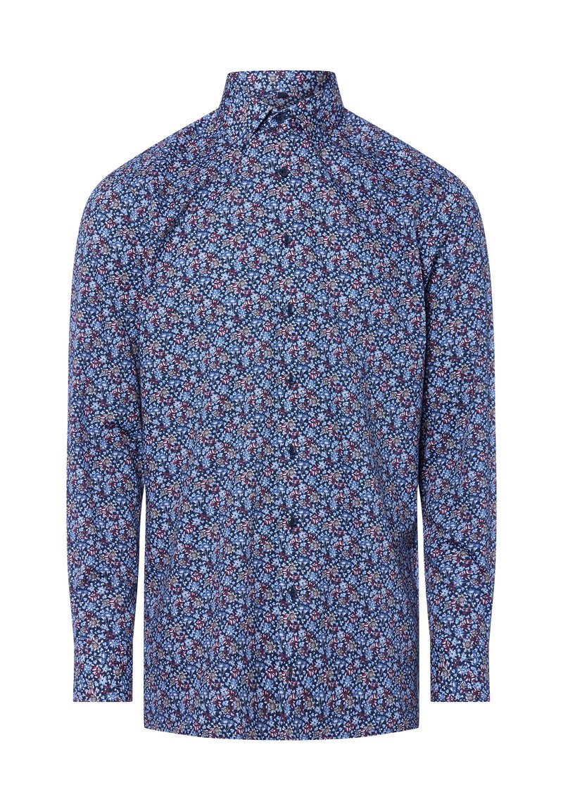 Koszula z długim rękawem w kwiatowy wzór, z granatowym tłem i różowymi oraz niebieskimi kwiatami, z kołnierzykiem zapinanym na guziki oraz standardowym krojem.
