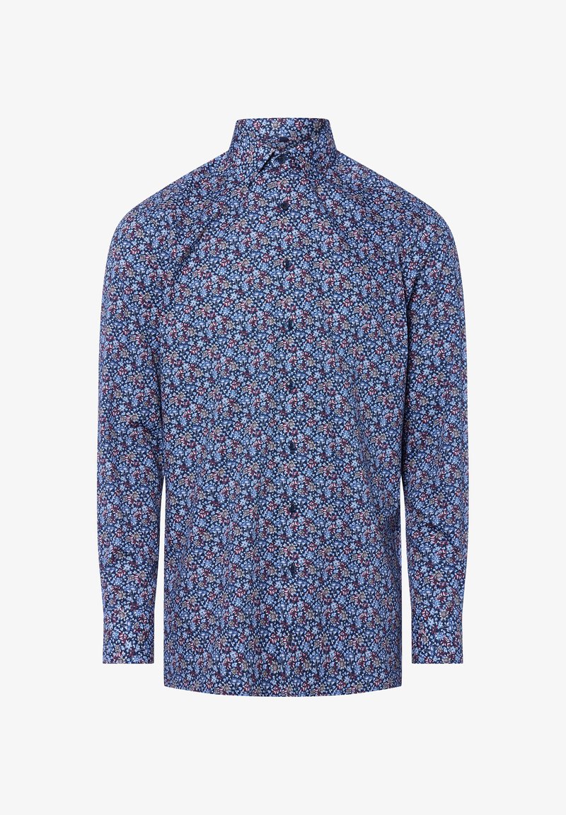 Koszula z długim rękawem w kwiatowy wzór, z granatowym tłem i różowymi oraz niebieskimi kwiatami, z kołnierzykiem zapinanym na guziki oraz standardowym krojem.