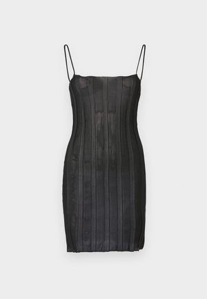 Black fitted dress with thin spaghetti straps, featuring vertical ribbed texture and a knee-length cut. Smooth fabric finish.