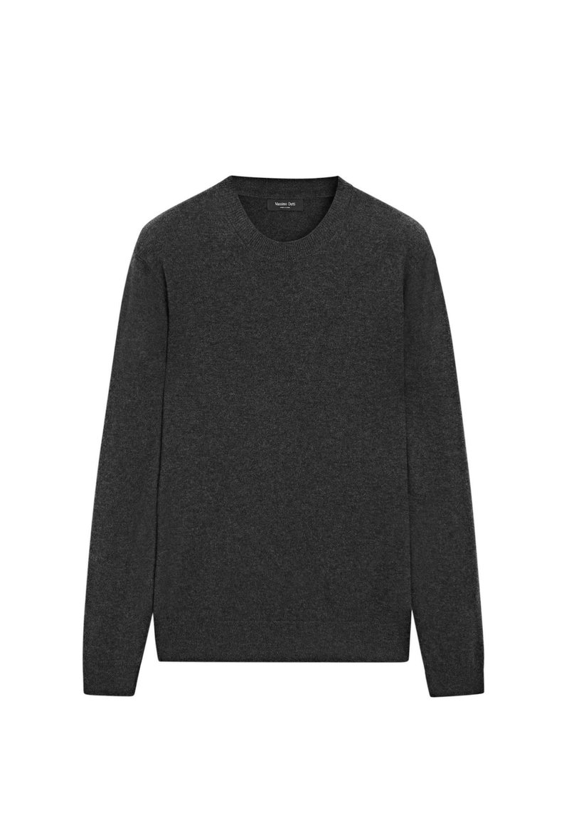 Dunkelgrauer, langärmliger Rundhals-Pullover mit feiner Stricktextur, flach auf einem weißen Hintergrund ausgelegt.
