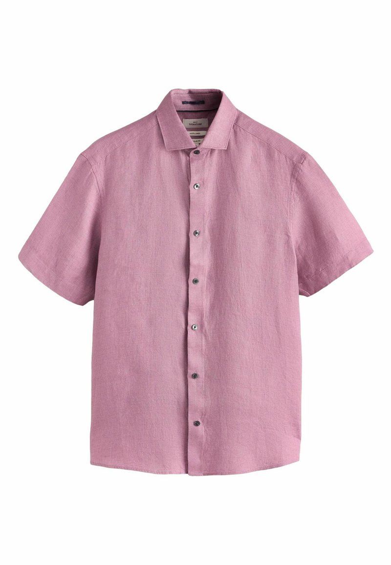 Chemise homme à manches courtes boutonnée en lin mauve clair avec col classique, présentée à plat sur fond blanc.