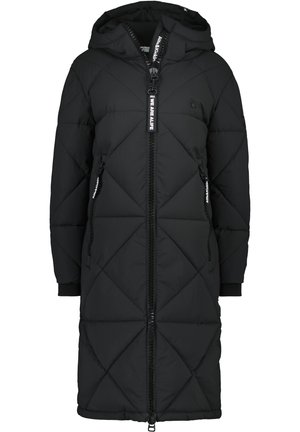 Schwarze, gepolsterte Jacke mit Kapuze, ausgestattet mit einem vorderen Reißverschluss, diagonaler Steppung, Seitentaschen und elastischen Bündchen.