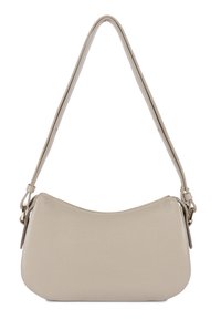 Sac bandoulière en cuir beige avec fermeture éclair courbée sur le dessus, double sangle ajustable et ferrures minimalistes dorées sur fond blanc.