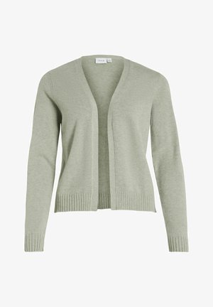 Gaiši zaļš kardigans, izgatavots no mīksta adījuma auduma. Iekļauj V veida izgriezumu, atvērtu priekšpusi un ribinātas piedurknes un apakšmalu. Vienkāršs, neizrotāts dizains.