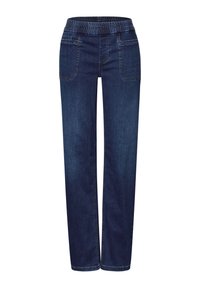 Dunkelblaue gerade geschnittene Jeans mit elastischem Bund und aufgesetzten vorderen Taschen, auf weißem Hintergrund präsentiert.