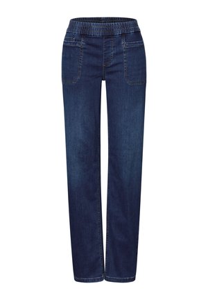 Dark blue straight-leg denim pants with elastic waistband and front patch pockets, displayed on white background.