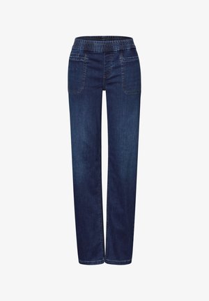 Pantaloni in denim dritti blu scuro con cintura elastica e tasche anteriori a toppa, mostrati su sfondo bianco.