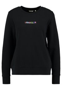 Felpa nera in cotone con maniche lunghe, colletto rotondo e "WRANGLER" ricamato in lettere multicolori sul petto.