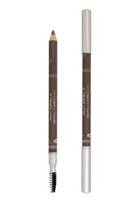 Brauner Augenbrauenstift mit spitzem Ende und einer Bürste auf der anderen Seite. Die Verpackung trägt weißen Text und einen silbernen Deckel.