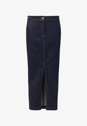 Gonna midi in denim blu scuro con spacco frontale, chiusura a bottoni e fibbie laterali regolabili.