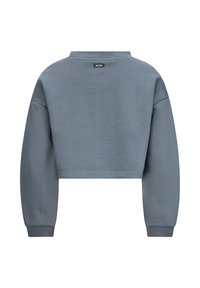 Felpa corta in azzurro chiaro, in morbido cotone misto, presenta maniche lunghe e polsini a costine, con un piccolo etichetta nera sul retro.