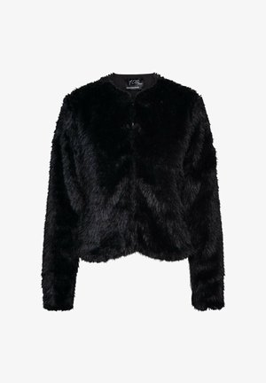 Zwarte lange mouwen nepbontjas met een ronde halslijn en zachte, pluizige textuur.