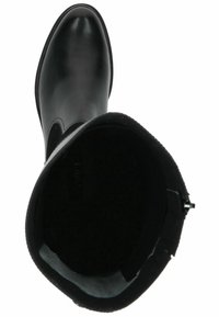 Black leather ankle boot with a smooth finish, rounded toe, and minimal stitching. Interior features a soft black lining.