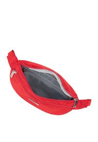 Marsupio rosso in tessuto con zip, dotato di una fodera interna grigia e di un piccolo scomparto all'interno. Forma compatta e rettangolare.