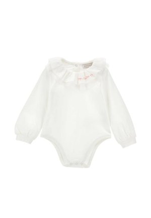 Body per neonato bianco a maniche lunghe con colletto arricciato, decorato con fiocchetti ricamati in rosa e bottoni a pressione sul fondo per la chiusura.