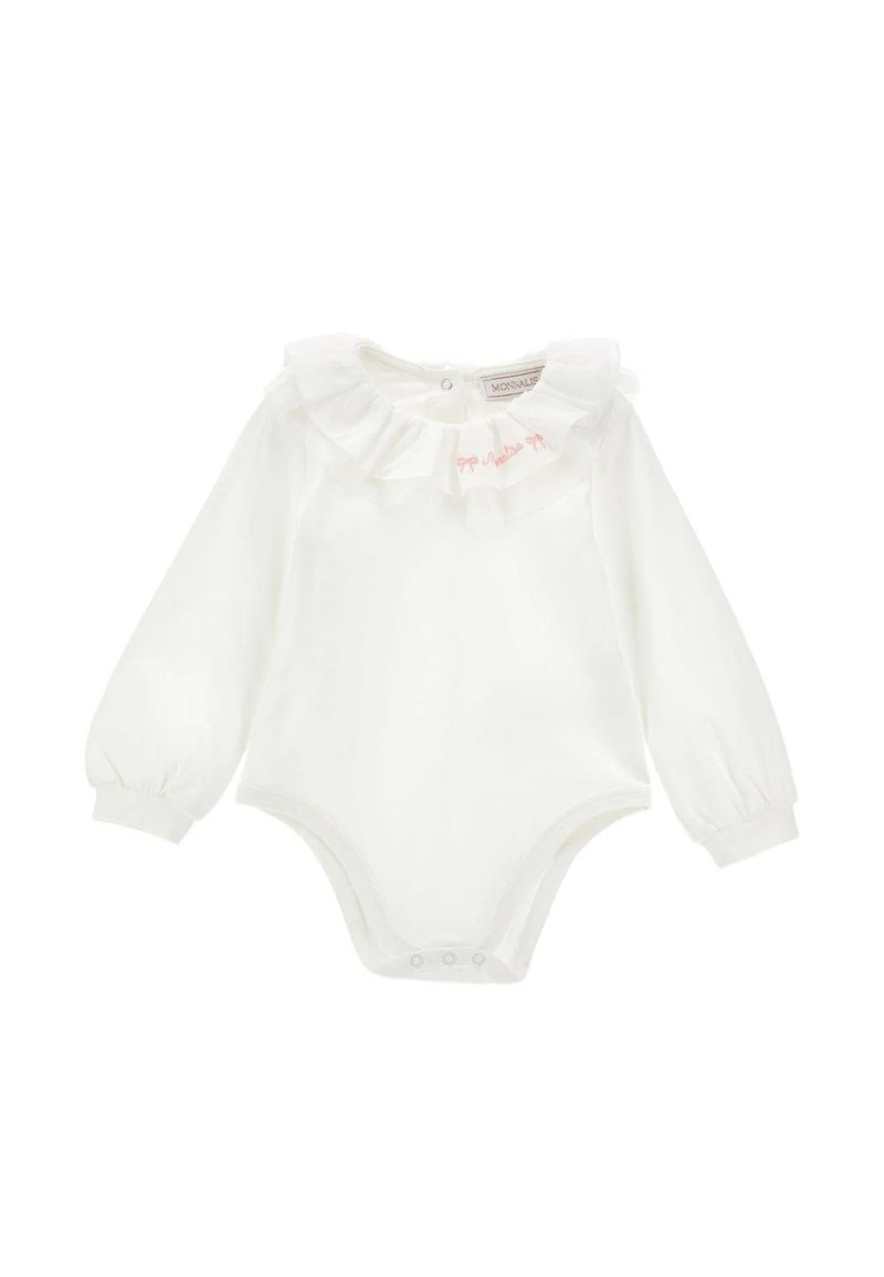 Body per neonato bianco a maniche lunghe con colletto arricciato, decorato con fiocchetti ricamati in rosa e bottoni a pressione sul fondo per la chiusura.
