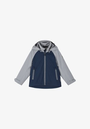 Children’s hooded jacket with navy blue body and light gray sleeves, zippered front, zippered side pockets, and adjustable cuffs.