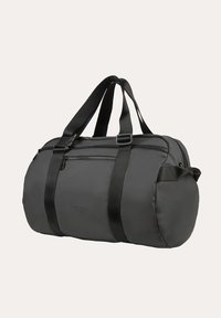 Borsa da viaggio grigia in tessuto resistente, con due manici superiori, un compartimento con cerniera e una tasca laterale per piccoli oggetti.