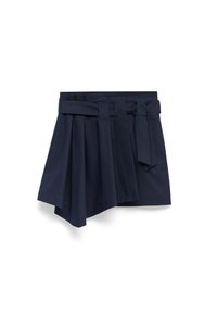 Marineblå omslagskjol i slätt tyg med en knytmidja, som har en asymmetrisk nederkant och plisserad design för extra textur.