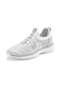 White athletic shoes with a textured knit upper, elastic laces, and a smooth outsole. Features a pull tab at the heel for easy wear.