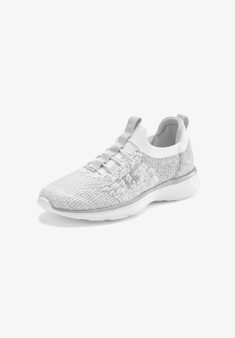 White athletic shoes with a textured knit upper, elastic laces, and a smooth outsole. Features a pull tab at the heel for easy wear.