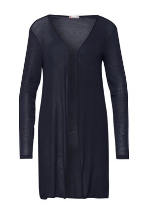 Langærmet, åben-foran, mørkeblå let cardigan med V-hals og uden knapper, lavet af halv-gennemsigtigt stof.